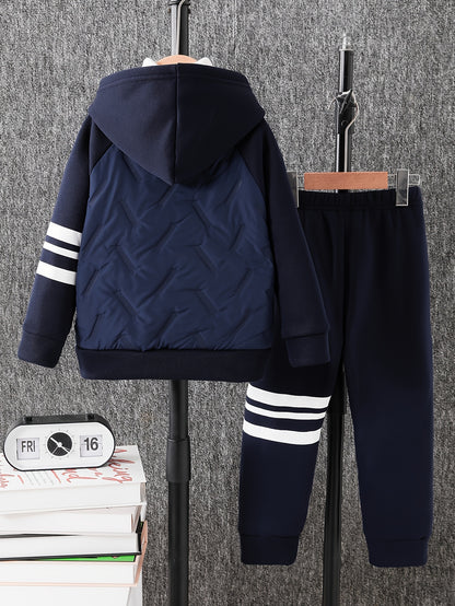DONABEBE Boys' 2pcs Winter Hooded Jacket & Pants Set - Navy Blue/White Striped Full-Zip Thick Warm Outfit, Casual Playwear & Everyday Outfits for Boys, Easy Care, Perfect for Outdoor, Winter Jacket And Pants For Boys, Winter