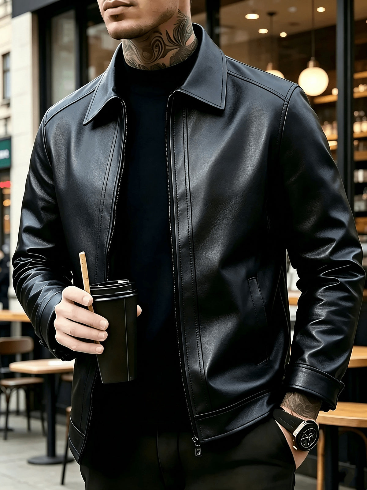 Men's Casual Lapel Zip-Up Jacket Lightweight PU Outerwear