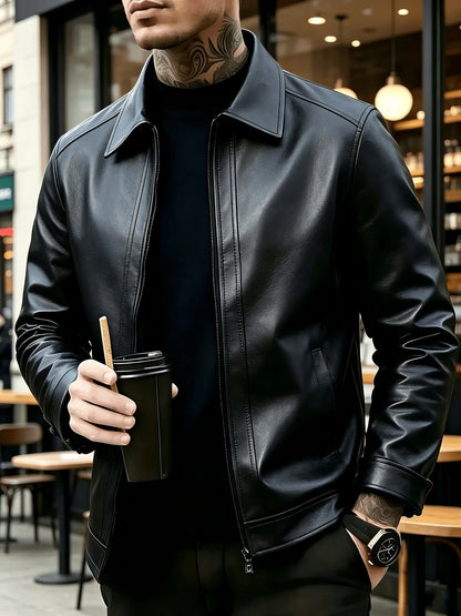 Men's Casual Lapel Zip-Up Jacket Lightweight PU Outerwear