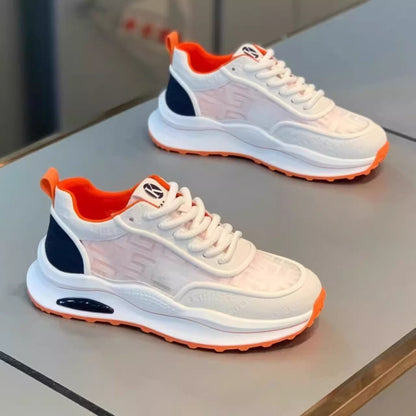 Men's Lightweight Breathable Low-Top Sneakers - PU Upper  PVC Sole, White/Navy/Red Accents, Lace-Up Round Toe for Casual, Outdoor, Running  Gym - All-Season Comfort Shoes, Casual Footwear, Geometric Pattern, Comfortable Fit
