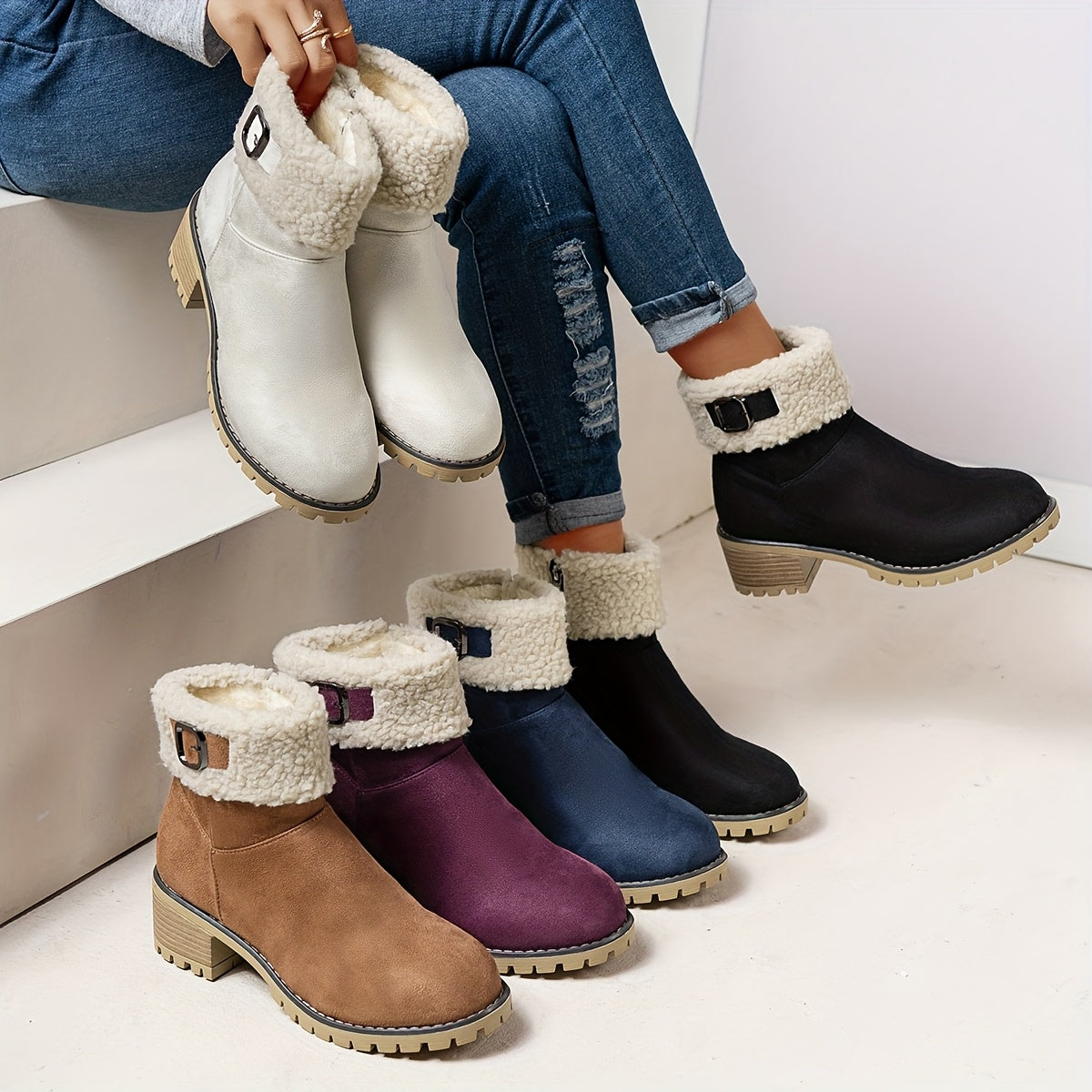 Chunky And Clssic Women'S Ankle Boots, Comfortable And Elegent Woemen Shoes. Warmth Khaki、Black And Beige Winter Women' Boots. Solid-Colored. Fleece-Lined Boots, Heighten And Non-Slip Lighhtweight Shoes with Cute Round Toe.