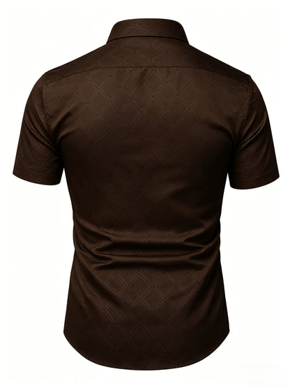 Men's Slim Fit Short Sleeve Formal Shirt with Geometric Pattern
