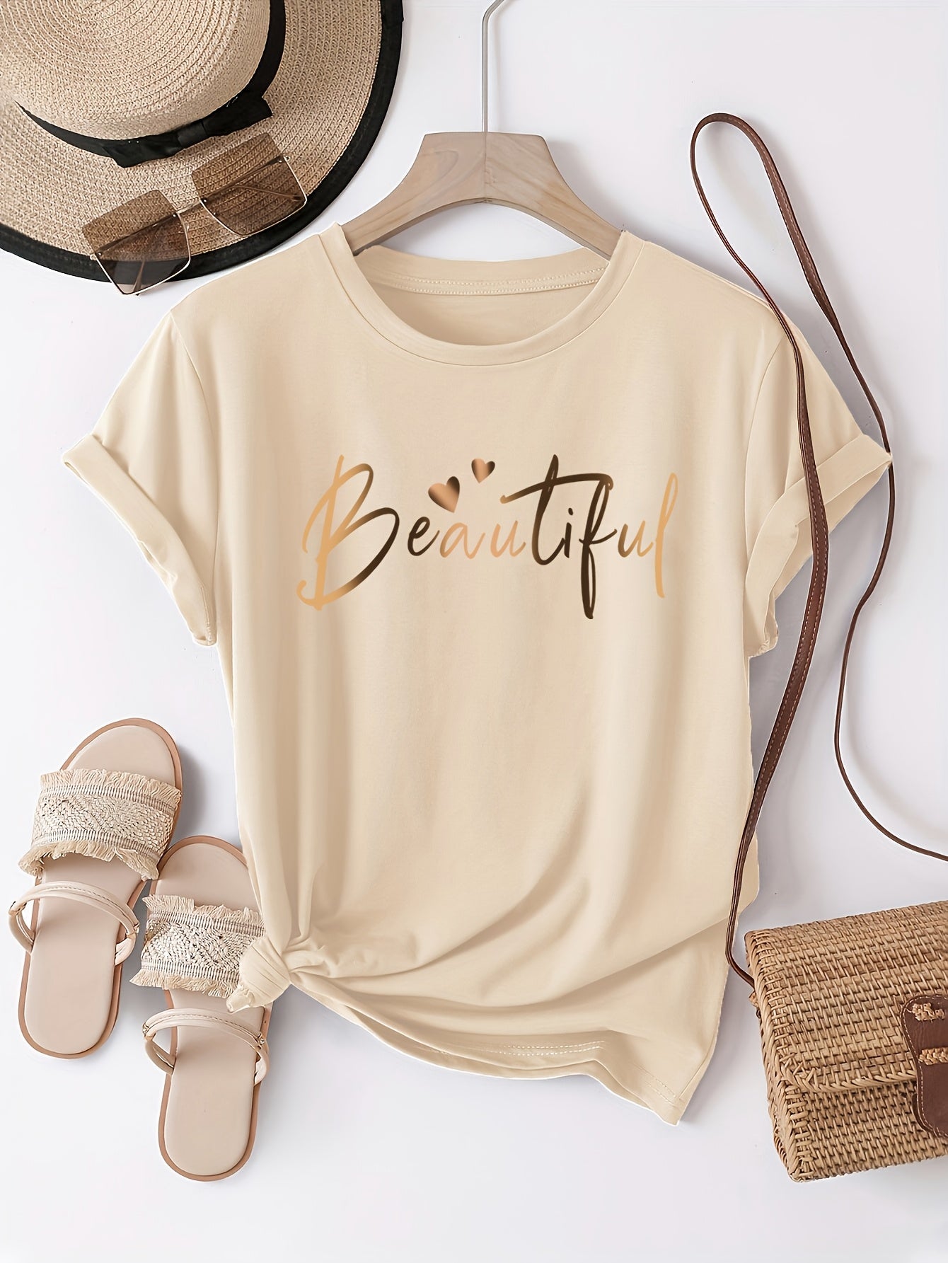 Women's Casual Letter Print T-Shirt - Soft Polyester, Short Sleeve Crew Neck Top for All Seasons, Round Neck, Sports Shirt