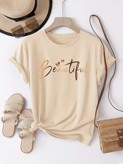 Women's Casual Letter Print T-Shirt - Soft Polyester, Short Sleeve Crew Neck Top for All Seasons, Round Neck, Sports Shirt