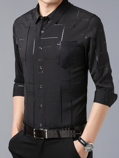 Elegant Men's Maroon Striped Long Sleeve Dress Shirt - Sophisticated Black & Golden Print, Breathable Polyester, Casual Comfort Fit with Classic Collar and Button-Up Front for Casual Attire