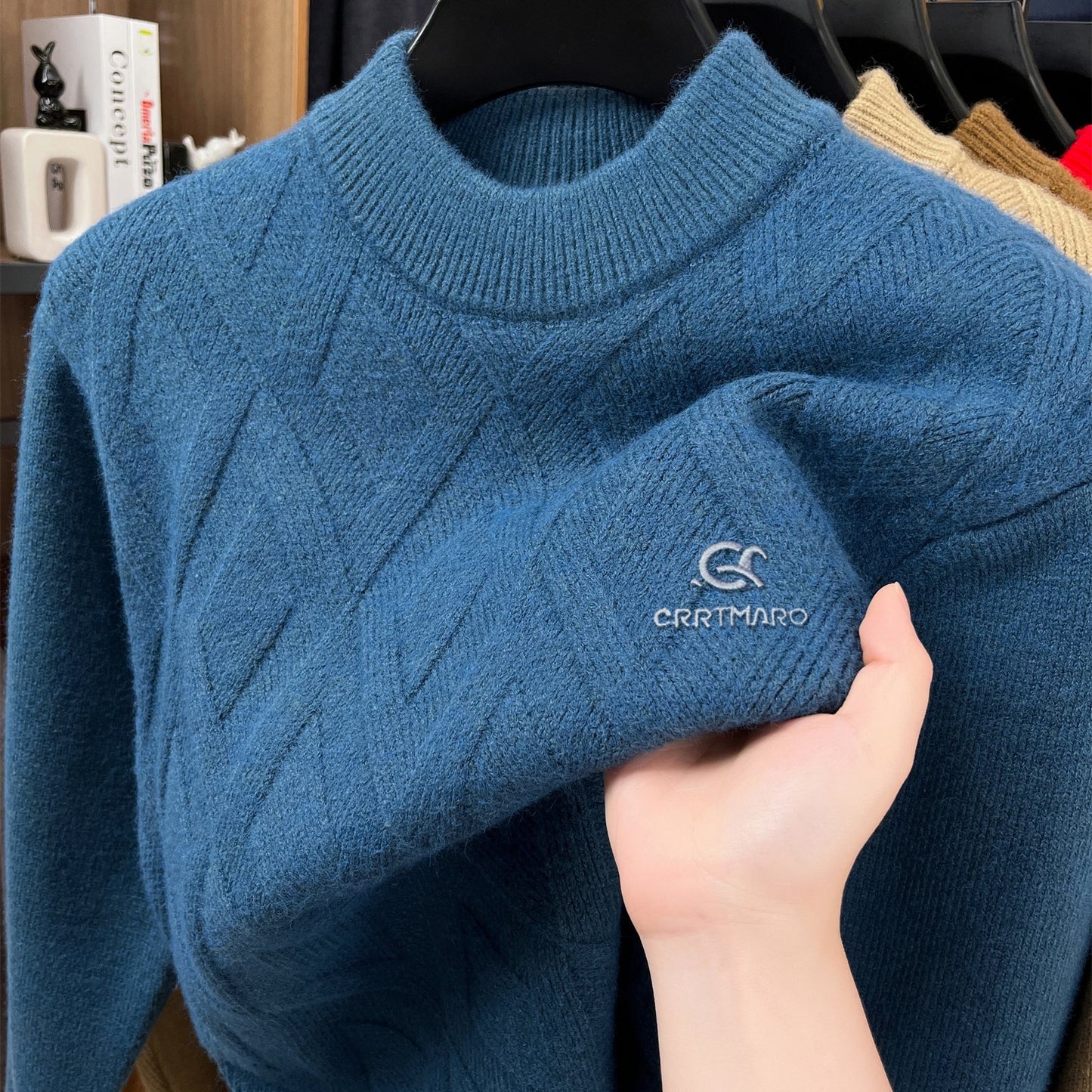 KATMARO ասեղնագործված սվիտեր տղամարդկանց համար, կլոր վզնոցով, տաք աշնանային և ձմռան համար, խիտ բրդյա, կիսաբարձր օձիքով հիմք, Shengyida-ի առօրյա տղամարդու հագուստ