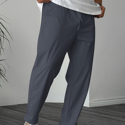 Men's Solid Pants With Pockets, Casual Drawstring Trousers For Outdoor Activities Gift