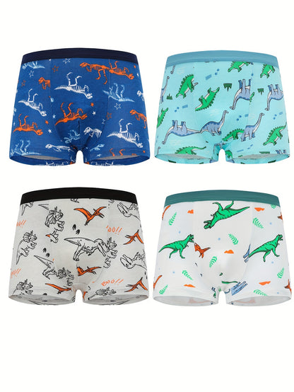 [4 հատ Cute Dinosaur Print Boys' Boxer Briefs] 4-Pack Cute Dinosaur Print Բամբակյա Բռնցքամարտիկ Տղաների համար, Փափուկ տրիկոտաժե ներքնազգեստ միջին առաձգականությամբ, սովորական պիտանի - Տղաների բամբակյա ներքնաշորեր