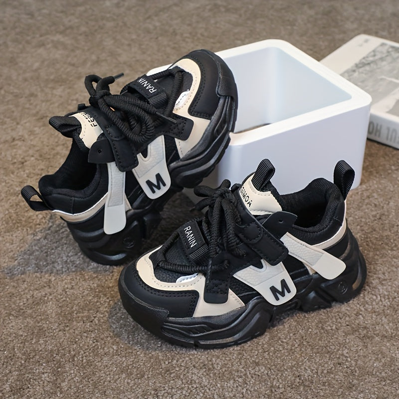 Kids' Chunky Sneakers - Breathable Mesh Running Shoes with Hook-and-loop Fastener Straps, Black & Brown Design for Boys & Girls, Casual & Sporty Style, All-Season Wear, Cute Shoes