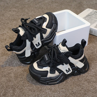 Kids' Chunky Sneakers - Breathable Mesh Running Shoes with Hook-and-loop Fastener Straps, Black & Brown Design for Boys & Girls, Casual & Sporty Style, All-Season Wear, Cute Shoes