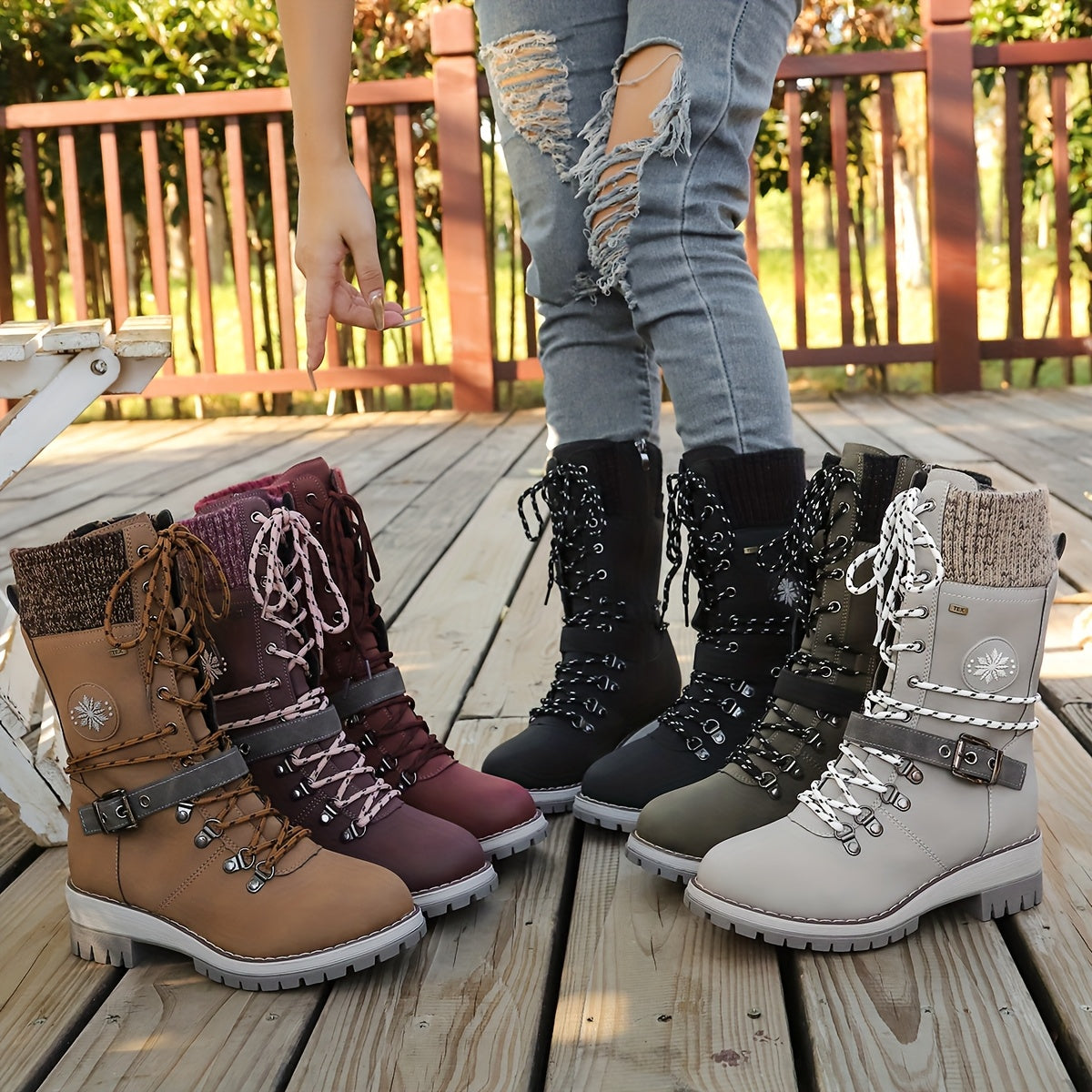 Women'S Comfortable Knitted Mid-Calf Winter Boots - Anti-Slip Side Zipper Lace-Up Design, Thick Sole, Fleece-Lined Retro Style in Black/Brown/Beige/Red/White for Casual Wear, Women Cowboy Boots, Women Winter Boots, Women Autu