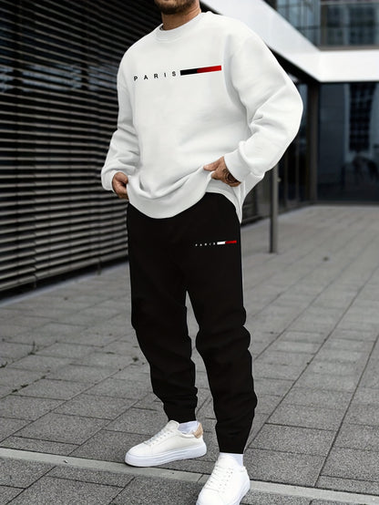 Men's Casual Sports Sweatshirt Set, Loose Fit Pullover Hoodie with Print, Polyester Blend, Round Neck, Stretch Knit, Autumn/Winter Collection