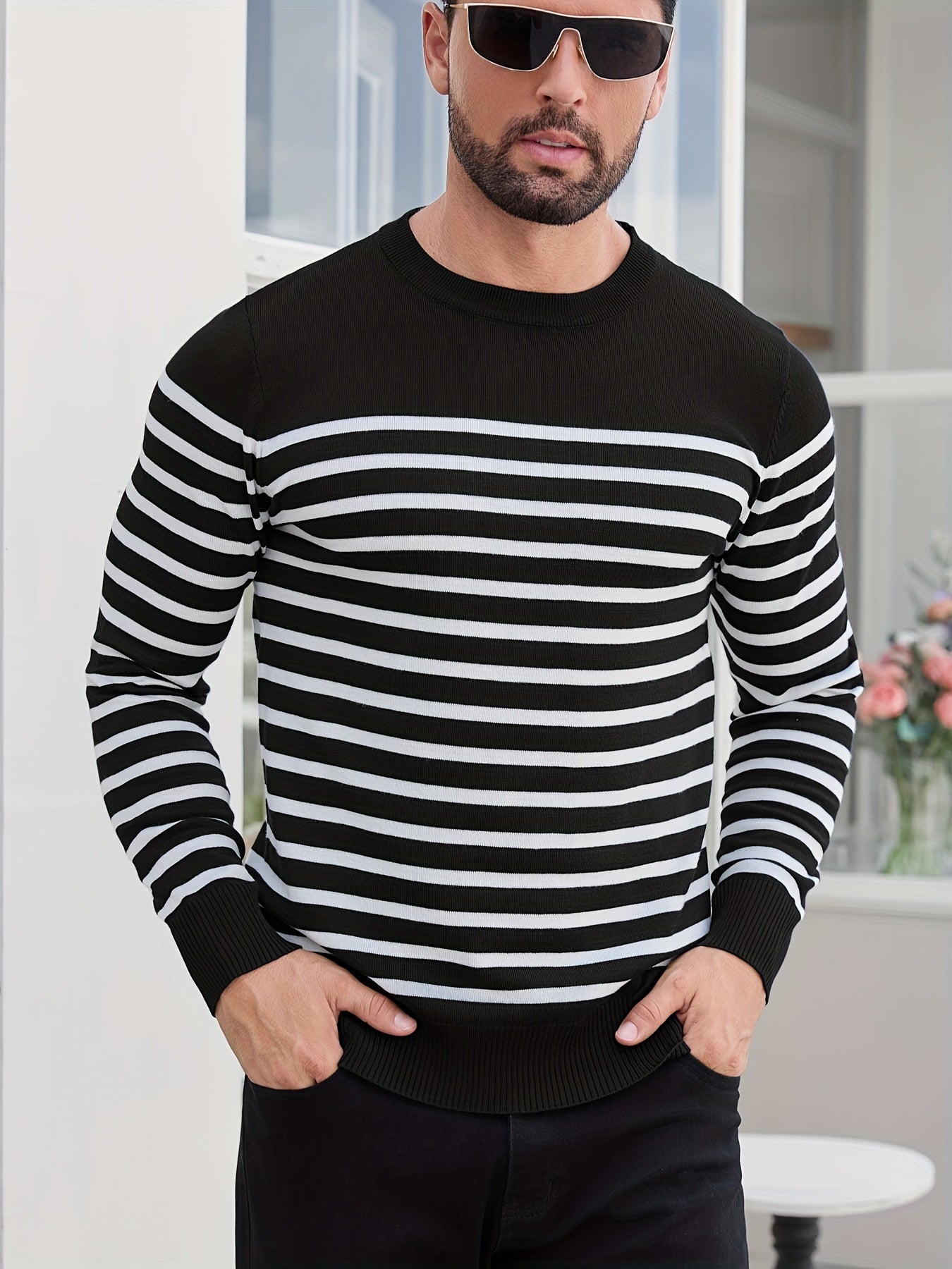 Գարնանային և աշնանային ամենօրյա երկգույն գծավոր տղամարդու սվիտեր-պուլովեր՝ գունավոր բլոկներով, կլոր վզնոցով, տղամարդու տրիկոտաժե վերնաշապիկ