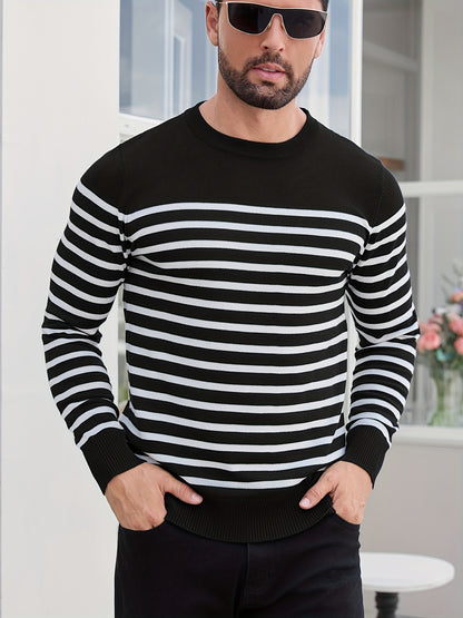 Գարնանային և աշնանային ամենօրյա երկգույն գծավոր տղամարդու սվիտեր-պուլովեր՝ գունավոր բլոկներով, կլոր վզնոցով, տղամարդու տրիկոտաժե վերնաշապիկ