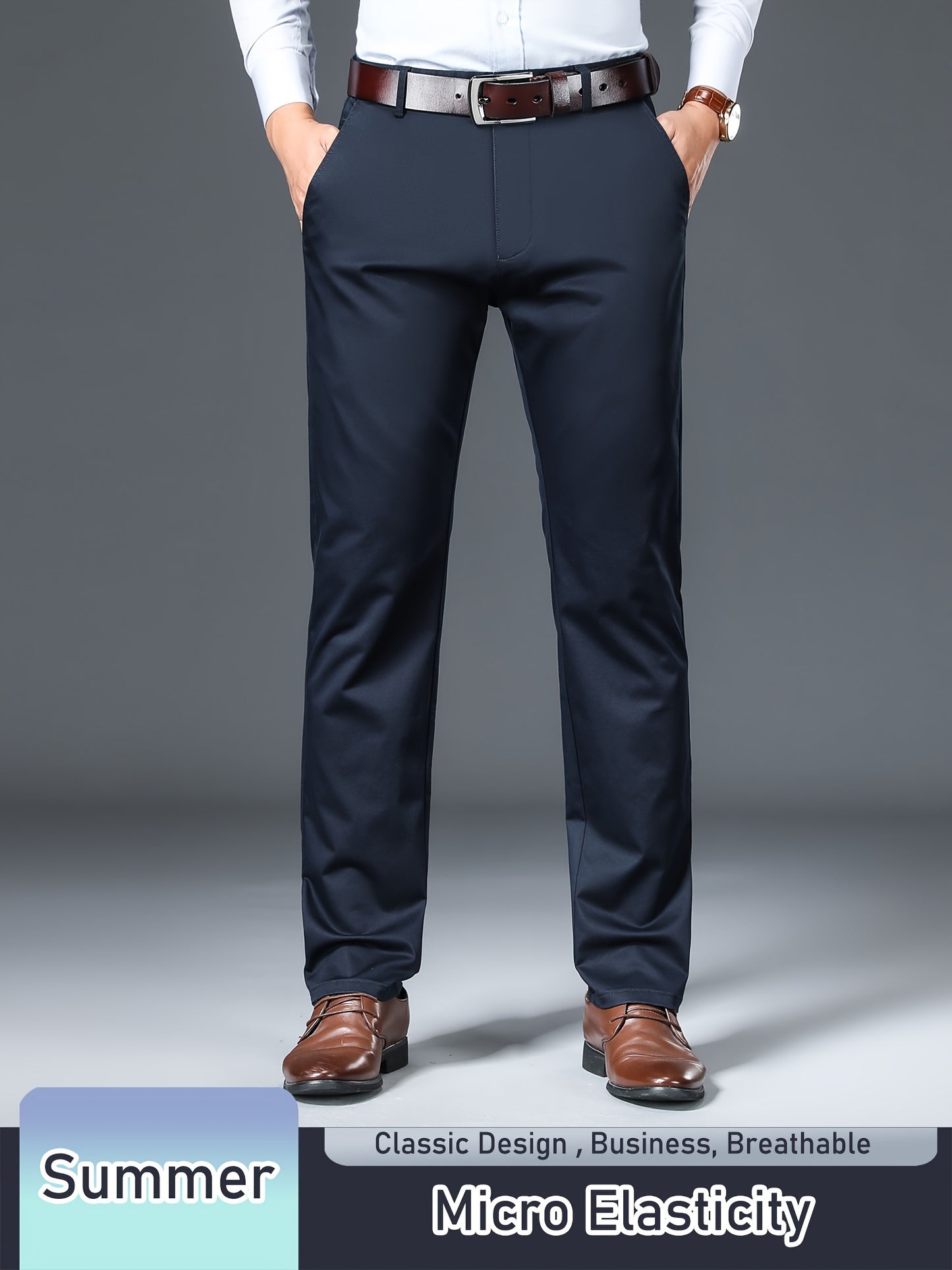 Men's Solid Pants With Pockets, Light Business Style Regular Fit Trousers For Outdoor Activities, Daily Wear For Spring And Autumn