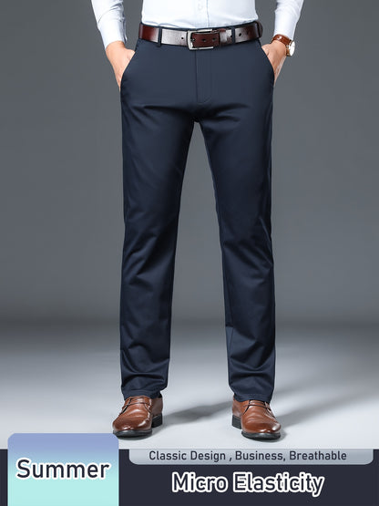 Men's Solid Pants With Pockets, Light Business Style Regular Fit Trousers For Outdoor Activities, Daily Wear For Spring And Autumn