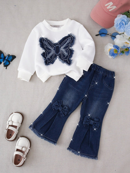 Casual White Embroidered Butterfly Sweatshirt & Flared Denim Jeans for