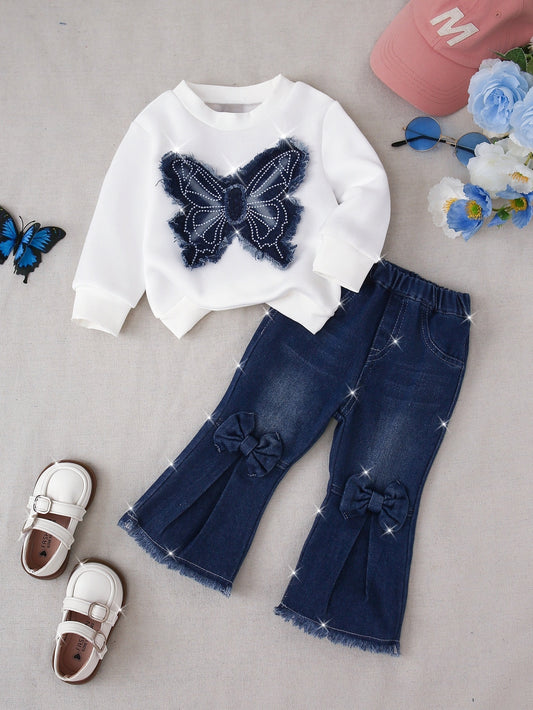 Առօրյա սպիտակ ասեղնագործված թիթեռներով սվիթշոթ և լայնեզր ջինսե տաբատ՝