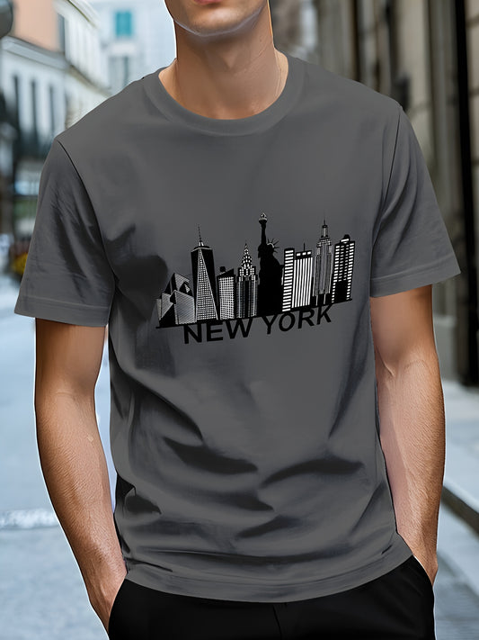 Men's Quick-Dry Summer T-Shirt with New York City Skyline Graphic Print - Breathable Moisture-Wicking Fabric, Regular Fit Round Neck Tee for Casual  Outdoor Wear, Machine Washable, Comfortable Fit