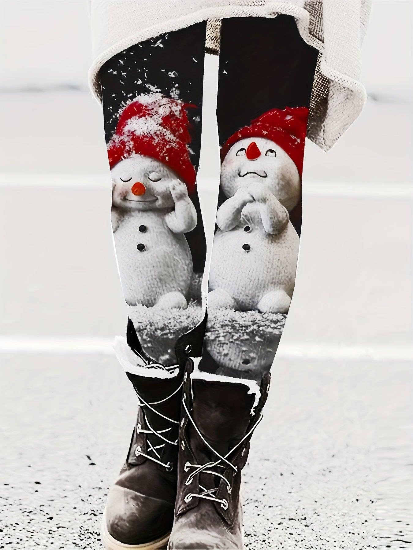 Women's Winter Thermal Tights - Snowman Print Leggings with Snowman & Snowflake Patterns, Thick Insulating Opaque Pants for Christmas, New Year Parties, Cold Weather (Machine Washable, Elastic Fit) - Trousers for Dresses & Bo