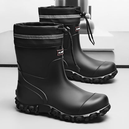 Men's Waterproof PU Rain Boots with Fleece Lining, Mid-Calf