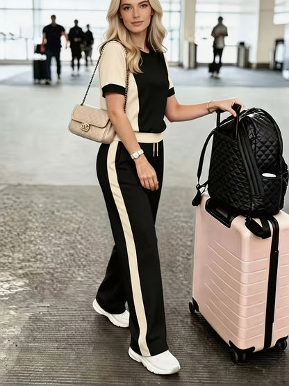 Women’s Casual Color-Block T-Shirt and High-Waist Pants Set