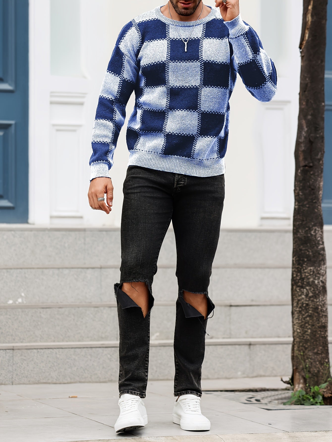 Men's Color Blocking Textured Checked Print Casual Trendy Sweater, Long Sleeve Pullover As Gift For Fall And Winter
