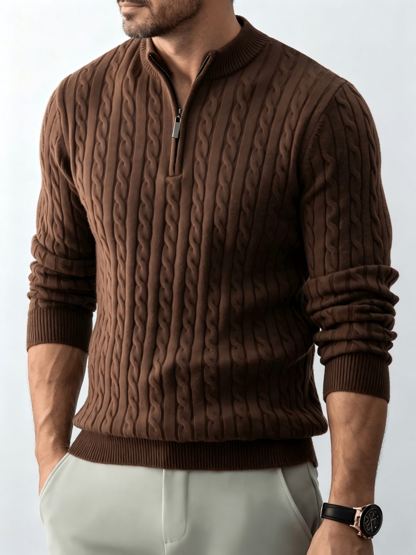 Men's Spring/Fall Half-Zip Stand Collar Cable Knit Sweater