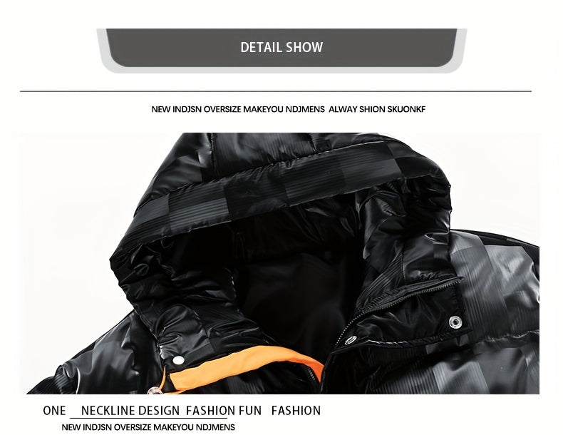 Men's Checkered Graphic Print Padded Outwear With Pockets, Casual Zip Up Long Sleeve Warm Hooded Outwear For Winter Outdoor Activities