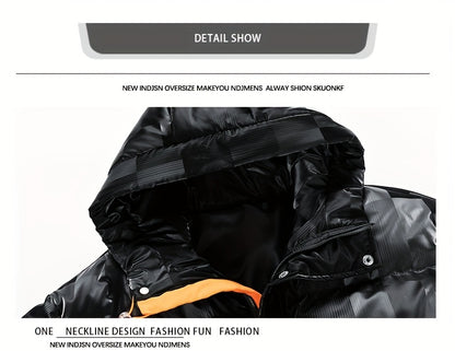 Men's Checkered Graphic Print Padded Outwear With Pockets, Casual Zip Up Long Sleeve Warm Hooded Outwear For Winter Outdoor Activities