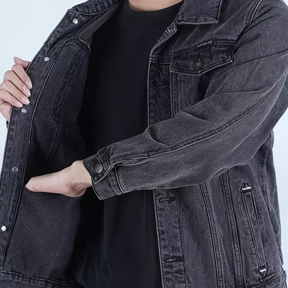 Men's Spring/Autumn Denim Jacket - Casual Chic Style, Black Blend with Red Accents, Button-Up with Flap Pockets, Long Sleeves, Ideal for Hiking & Casual Attire, Outdoor Apparel|Classic Denim Style|Durable Fabric