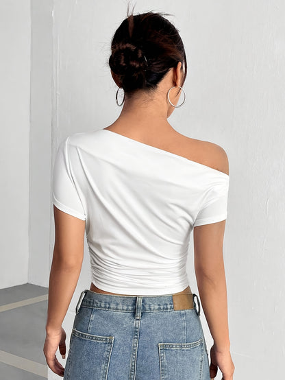 Women'S Asymmetrical Shoulder Ruffled Hem Short T-Shirt