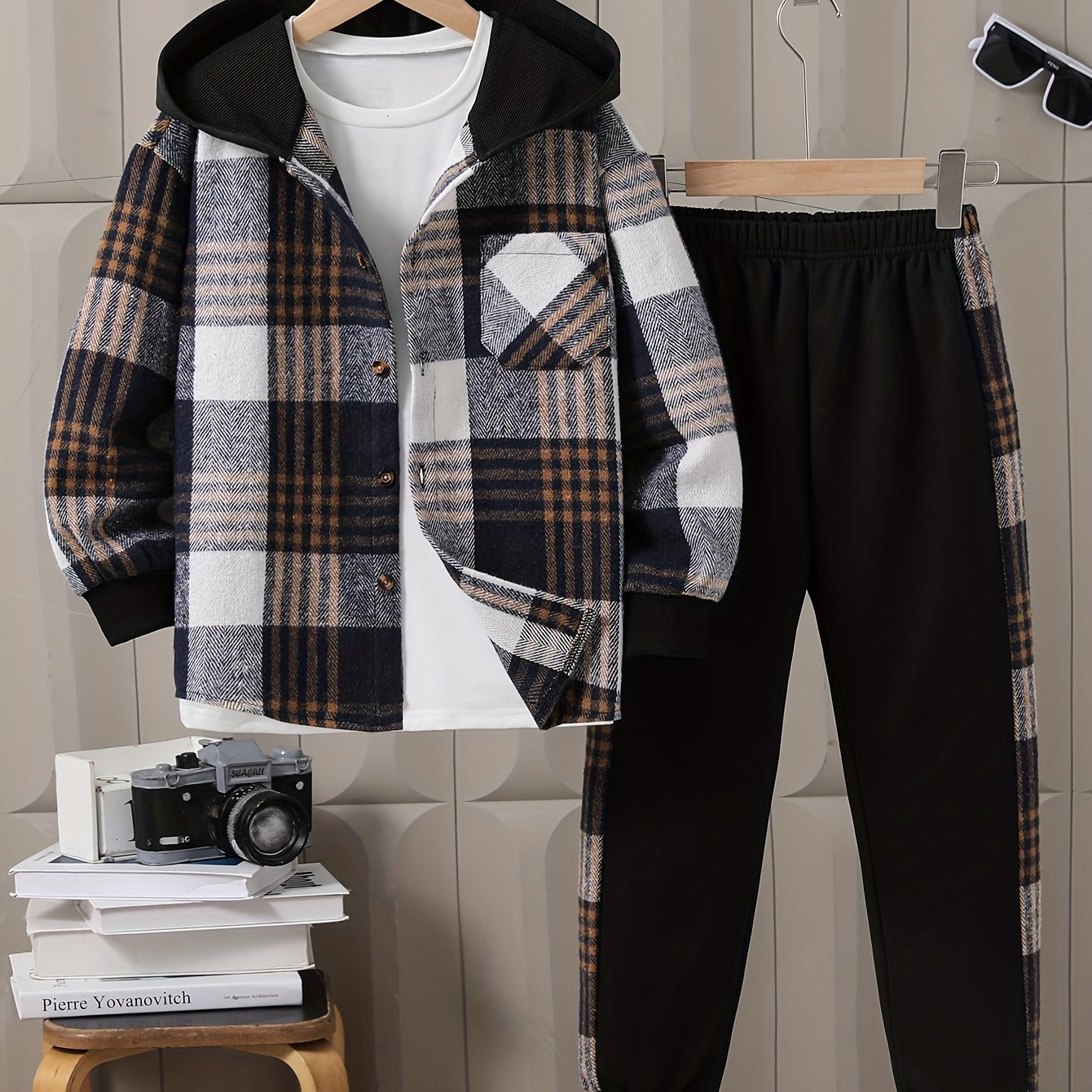 Boys' Fleece Plaid Hooded Long Pants Set, Perfect for Outdoor