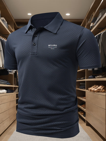 Men'S Middle East Inspired Geometric Pattern Casual Nylon Knit Shirt with Lapel Collar and Button Details, Regular Fit Short Sleeve Breathable Summer Top