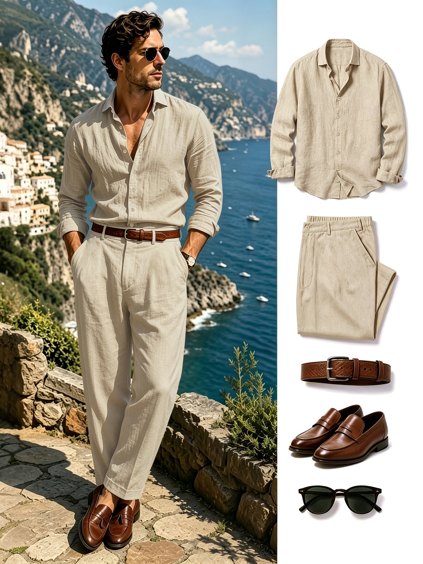 Men's Lightweight Linen Long-Sleeve Shirt & Pants Set for Spring/Fall