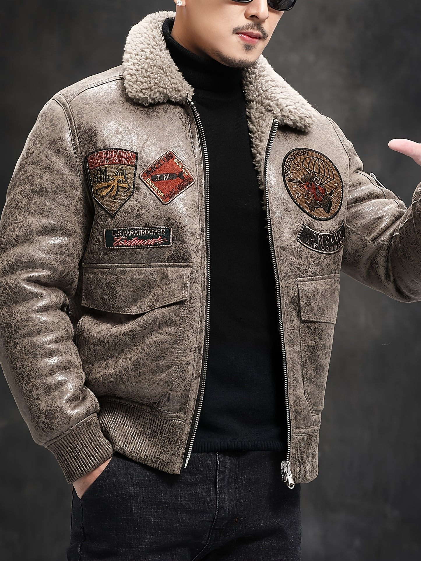 Men'S Faux Fur Lined Biker Jacket, Casual Long Sleeve Applique Air Force Style, Polyester 100% Knit Fabric, Solid Color Lapel Collar, Zipper Closure, Regular Fit for Daily & Golf Occasions - Fall/Winter Collection