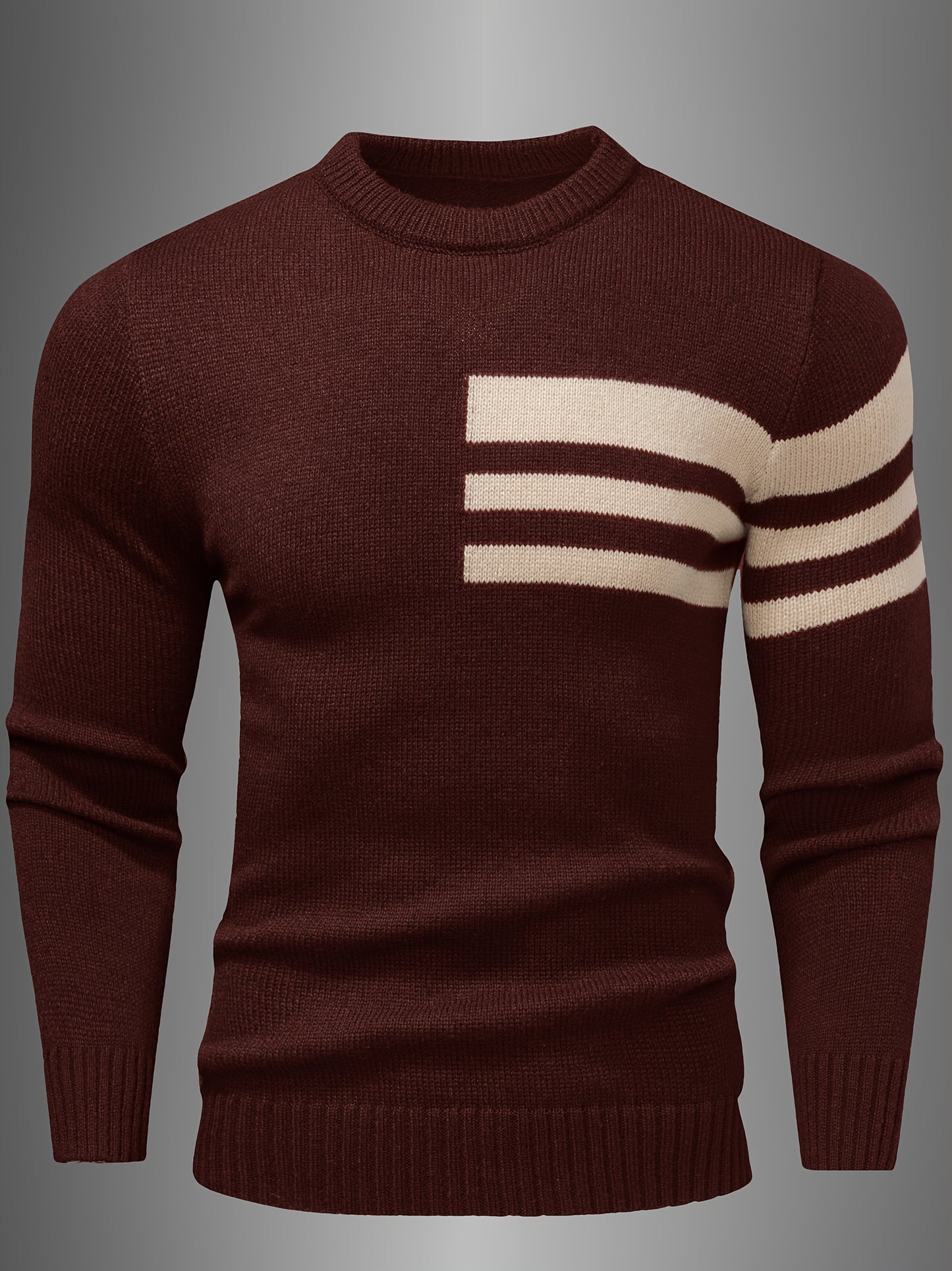 Men's Brown & Striped Sweater - Soft Round Neck Cable-Knit Winter Sweater with White Piping, Machine Washable Casual Pullover for Fall & Winter, Brown/Beige Horizontal Stripes, Ribbed Cuffs & Hem, Stylish Men's Sweater for Ev