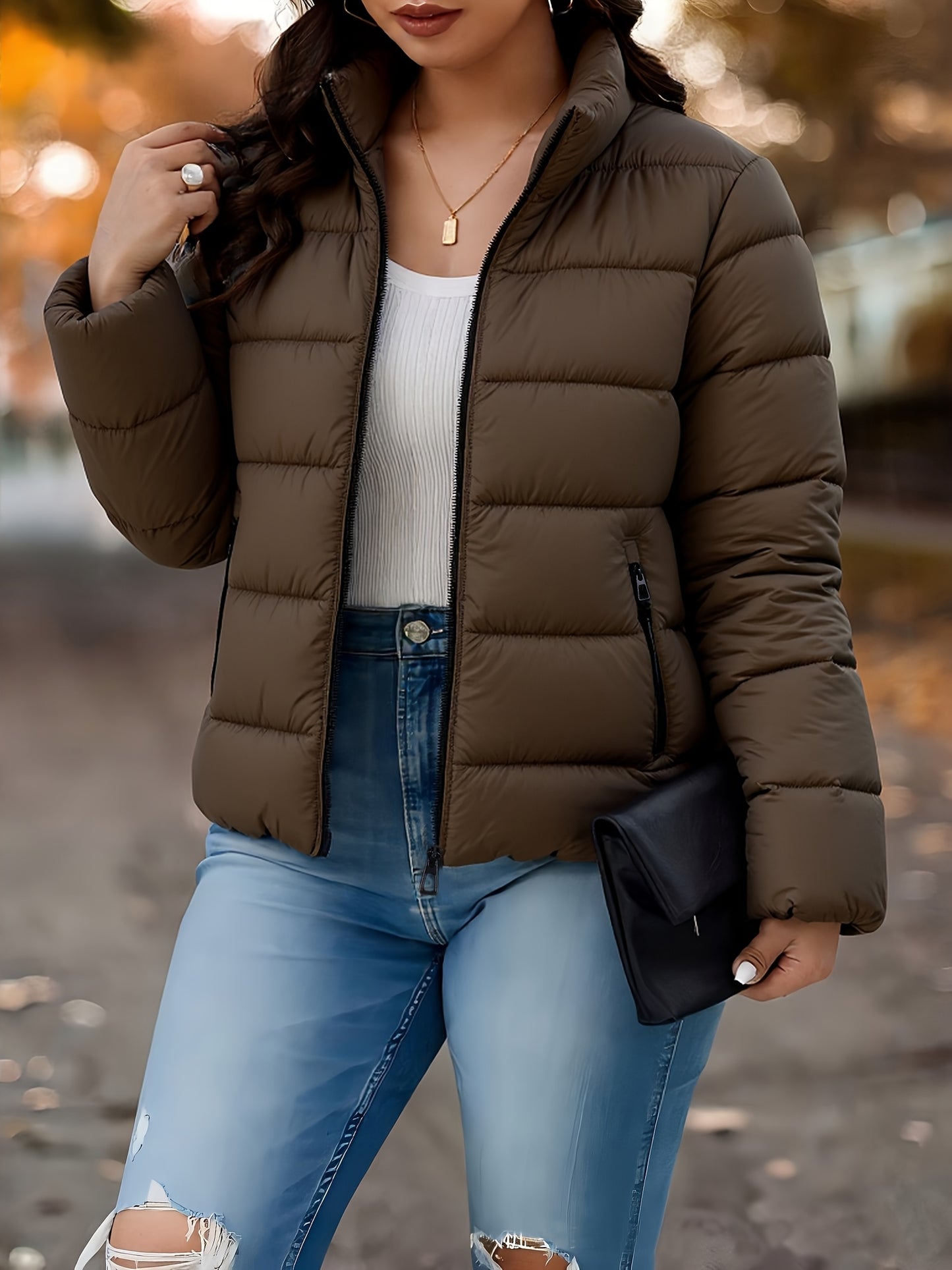 Կանացի էլեգանտ ձմեռային տաք բաճկոն՝ կայծակաճարմանդով, առջևի մասում՝ A-գծի ուրվագիծ և կանգնած օձիք - Բեժ/սպիտակ վերարկու՝ կայծակաճարմանդով, լվացքի մեքենայով լվացվող վերնազգեստ՝ ամենօրյա և պաշտոնական միջոցառումների համար - Cozy Winter Outer J