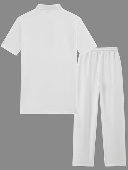 Men's 2pcs Waffle Knit Casual Outfit: Zip-Up Short Sleeve Collared Shirt & Drawstring Pants - Black, Polyester Blend, Ideal for Casual Attire in Spring/Summer