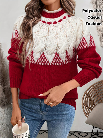 Women's Knit Sweater, Casual Round Neck, Polyester, Floral Cable Pattern, Autumn/Winter Fashion, Pullover Style, No Detail, Knitted Fabric