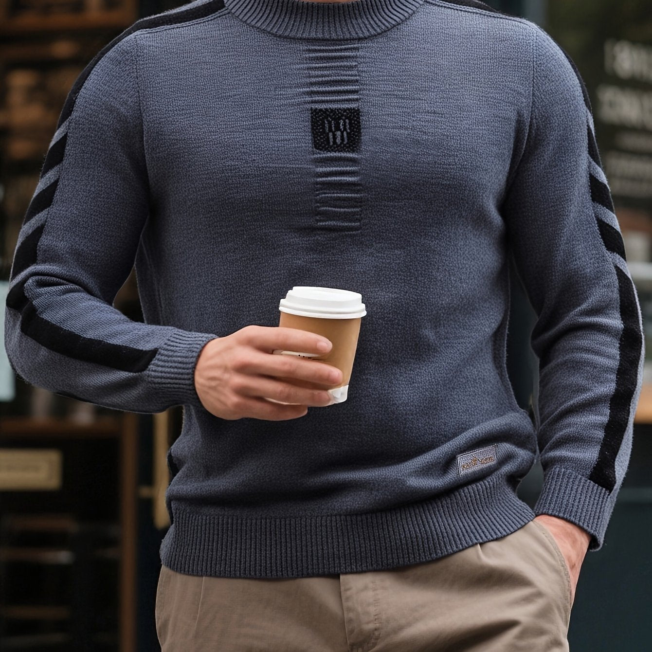 This Thick, Round-Neck Long-Sleeve Sweater for Men Features a Soft And Comfortable Design with Stylish Striped Edges, Perfect for Outdoor Gatherings And Everyday Wear, And Can Be Layered
