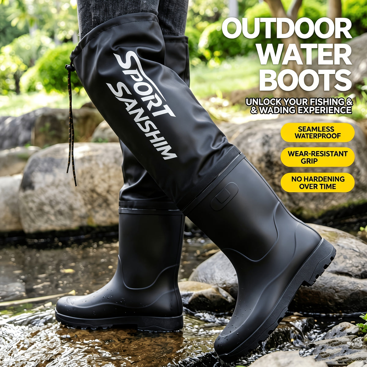 Men's Over-the-Knee PVC Rain Boots with Drawstring Cuff
