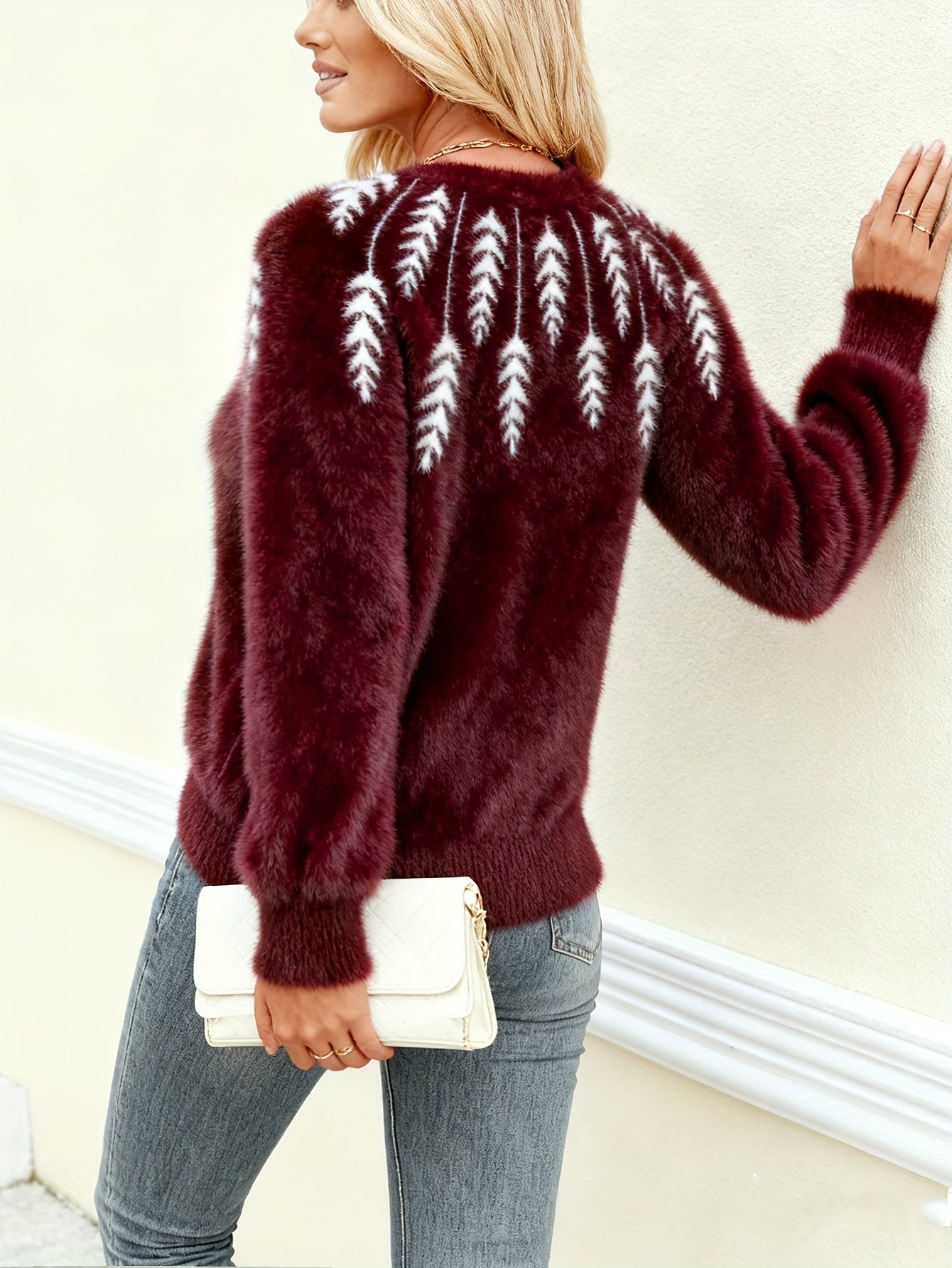 Women's Burgundy Winter Cardigan Sweater - Elegant Collar & Pine Tree Pattern, Soft Stretchy Pullover Jacket, Long Sleeve Cozy Sweaters for Fall/Winter, Christmas, Korean Fashion, Pininterest Outfits (Machine Washable)