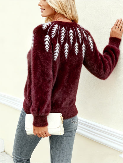 Women's Burgundy Winter Cardigan Sweater - Elegant Collar & Pine Tree Pattern, Soft Stretchy Pullover Jacket, Long Sleeve Cozy Sweaters for Fall/Winter, Christmas, Korean Fashion, Pininterest Outfits (Machine Washable)