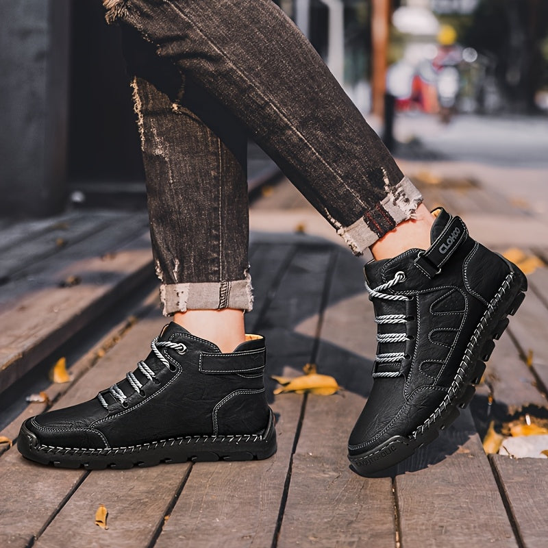 Handmade Men's Ankle Boots - Casual High-Top Rubber Sole Shoes