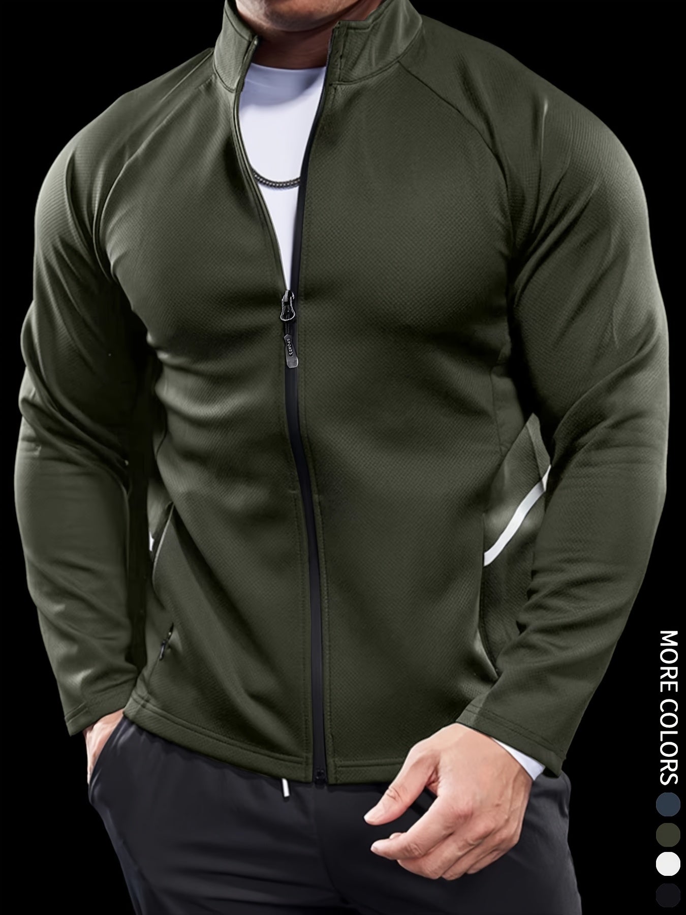 Men'S Slim Fit Quick-Dry Zip-Up Jacket - Lightweight Comfort Fabric, Stand Collar, Long Sleeves for Running & Outdoor Activities, Olive Green, Fall/Winter Casual Sportswear, Sportswear | Sleek Design | Durable Sportswear