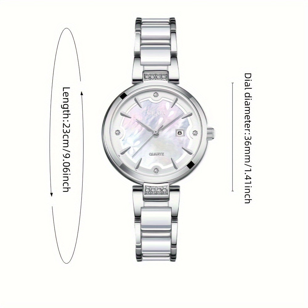 Elegant Women's Quartz Watch with Ceramic Band and Stainless Steel Cas