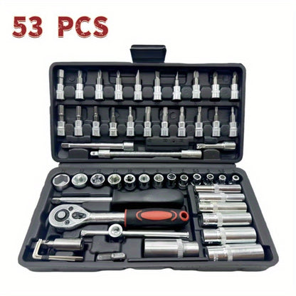 53pcs -in- Heavy-Duty Multi-Tool Kit Suitable for Car & Motorcycle Repair - Chrome-Vanadium Manual Tool Set with 53 Tools (Wrenches, Sockets,) in Black Case for Mechanics, DIY, Auto Maintenance