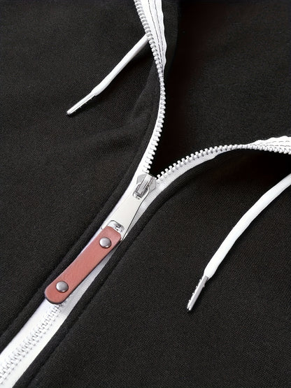 Տղամարդու ոճային գունային բլոկներով վերնաշապիկ՝ առօրյա, կայծակաճարմանդով և գլխարկով սվիտեր՝ առջևի գրպաններով, երկար թևքերով և երիզներով՝ շագանակագույն և սև դիզայնով, հարմարավետ աշնանային և ձմեռային հագուստի համար։