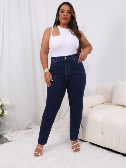 Plus Size Casual Jeans, Women's Plus Solid Button Fly Բարձրաճճի բարձր ձգվող ջինսեր